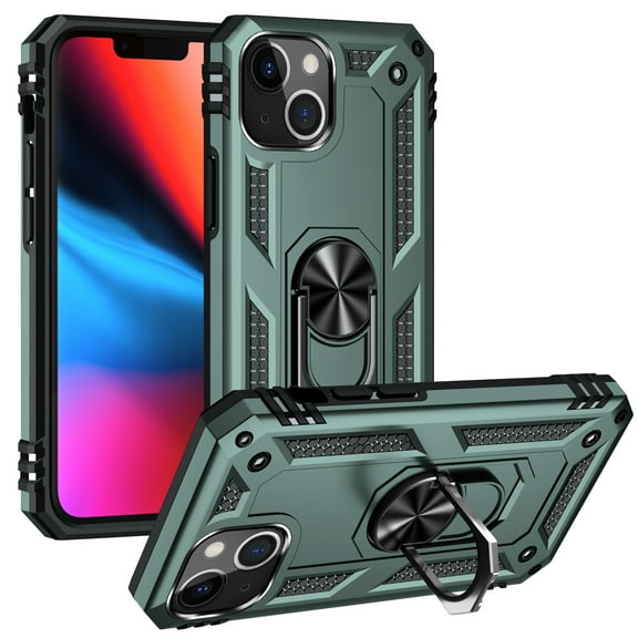 iPhone 13 Mini Case, Ring Holder Kickstand Full Body Shockproof Magnetic Car Mount Hybrid Rugged Protective Phone Cover, Dark Green