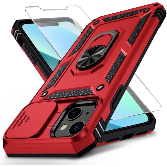 for iPhone 13 Mini Case with Slide Camera Cover HD Screen Protector Heavy Duty Military Grade Shockproof Magnetic Ring Holder Kickstand Phone Case for iPhone 13 Mini,Red