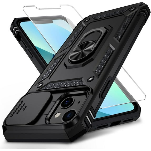 for iPhone 13 Mini Case with Slide Camera Cover HD Screen Protector Heavy Duty Military Grade Shockproof Magnetic Ring Holder Kickstand Phone Case for iPhone 13 Mini,Black