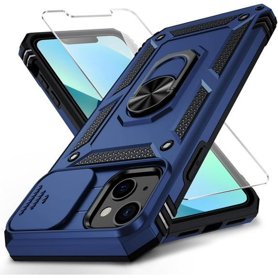 for iPhone 13 Mini Case with Slide Camera Cover HD Screen Protector Heavy Duty Military Grade Shockproof Magnetic Ring Holder Kickstand Phone Case for iPhone 13 Mini,Navy Blue