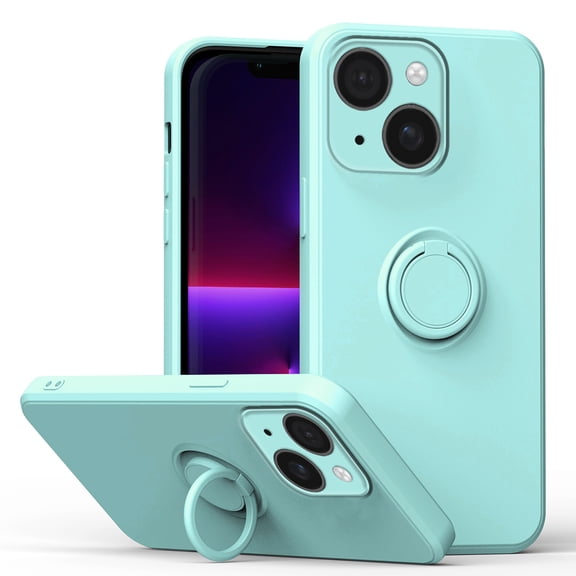 For iPhone 13 Mini Case, Slim Silicone | 360° Ring Holder Kickstand | Support Car Mount | Soft Gel Rubber Hybrid Bumper For iPhone 13 Mini Phone Cover for Girls Women,Lightcyan