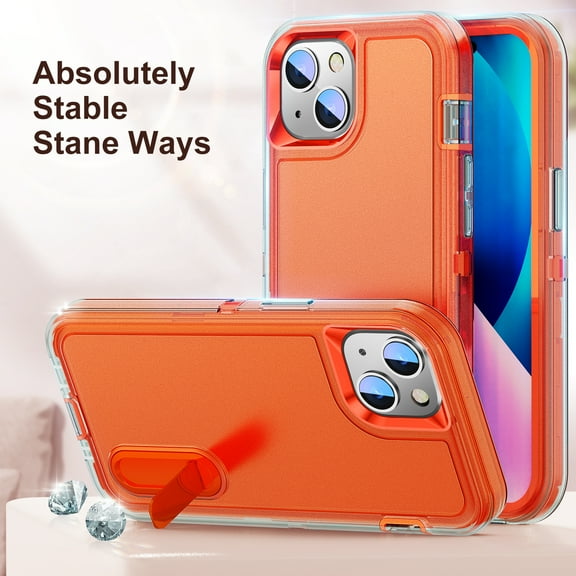 iPhone 13 Mini Case - TECH CIRCLE [3-in-1] Protective Kickstand Rugged Hard Cover Case for Apple iPhone 13 Mini (5.4 Inch) 2021 Release, Orange+Clear