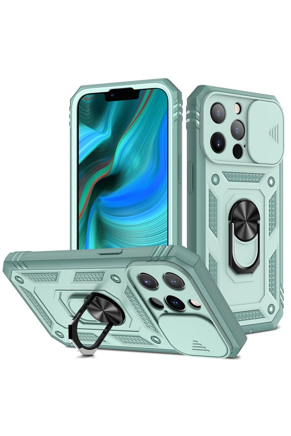 iPhone 13 Mini Case, Techcircle Slim Heavy Duty Rugged Hybird Shockproof Anti-Slip Magnetic Ring Stand Slide Len Protective Phone Case for Apple iPhone 13 Mini, G