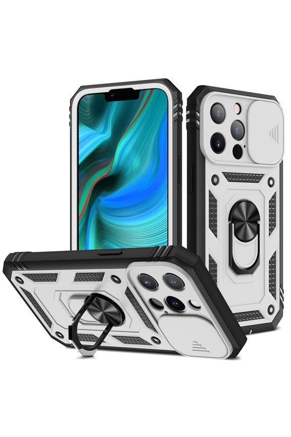 iPhone 13 Mini Case, Techcircle Slim Heavy Duty Rugged Hybird Shockproof Anti-Slip Magnetic Ring Stand Slide Len Protective Phone Case for Apple iPhone 13 Mini, A