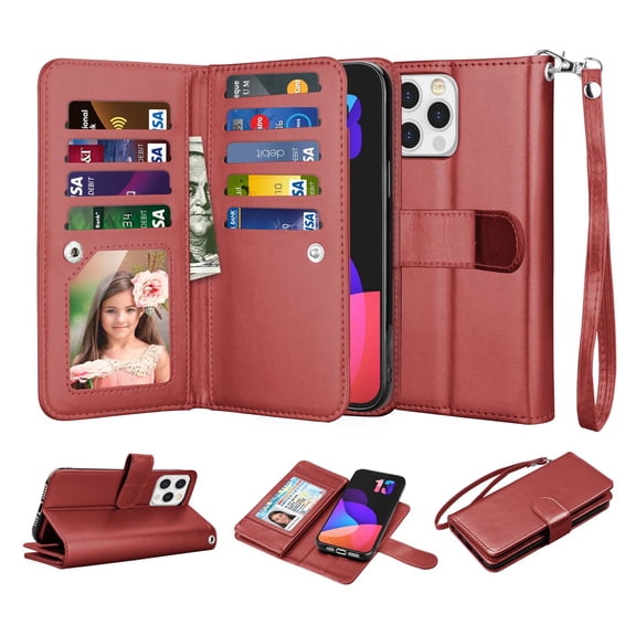 iPhone 13 Mini Case, Wallet Case for iPhone 13 Mini, iPhone 13 PU Leather Case, Njjex Luxury PU Leather [9 Card Slots Holder ] Carrying Folio Flip Cover [Detachable Magnetic Hard Case] -Wine Red