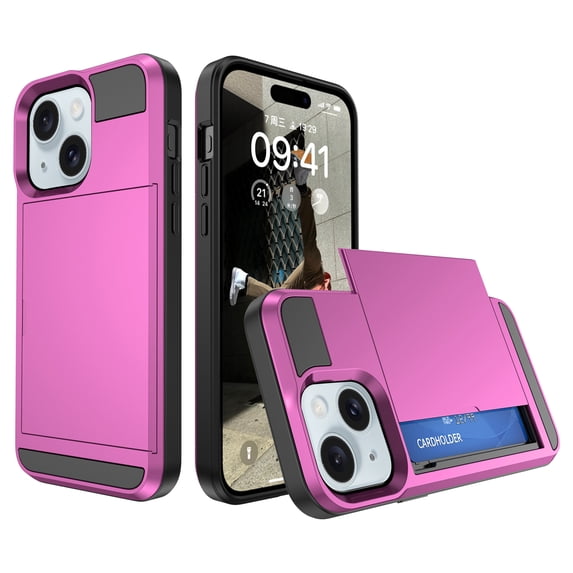 for iPhone 13 Mini Case Wallet Credit Card Holder ID Slot Sliding Door Hidden Pocket Men Anti-Scratch Dual Layer Hybrid Bumper Armor Protective Shell Back Cover For iPhone 13 Mini, Pink