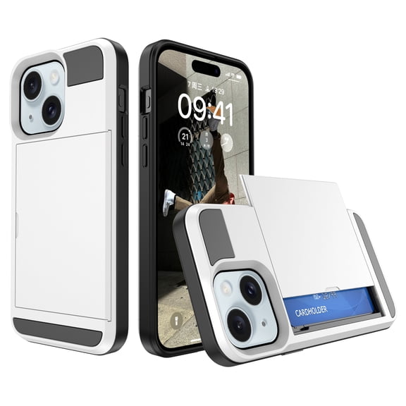 for iPhone 13 Mini Case Wallet Credit Card Holder ID Slot Sliding Door Hidden Pocket Men Women Anti-Scratch Dual Layer Hybrid Bumper Armor Protective Shell Back Cover,White