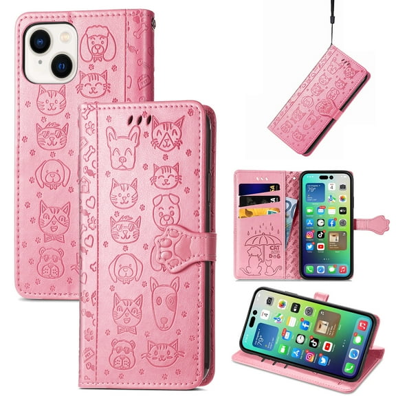 for iPhone 13 Mini Case Wallet,Magnetic Closure PU Leather Cute Embossed with Wrist Strap, RFID Blocking Card Slots Pocket Flip Kickstand Protective Phone Case Cover for iPhone 13 Mini,Pink