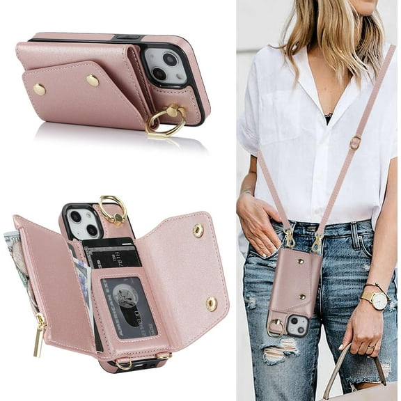 for iPhone 13 Mini Case Wallet with Strap for Women,Crossbody Lanyard and Wristlet Strap,Zipper Pocket,Credit Card Holder,Ring Stand,RFID Blocking Phone Wallet Cases(5.4 inch,Pink)