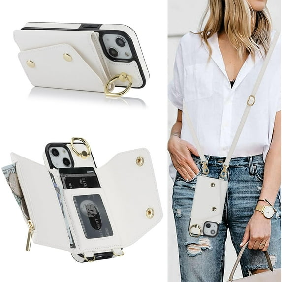 for iPhone 13 Mini Case Wallet with Strap for Women,Crossbody Lanyard and Wristlet Strap,Zipper Pocket,Credit Card Holder,Ring Stand,RFID Blocking Phone Wallet Cases(5.4 inch,White)