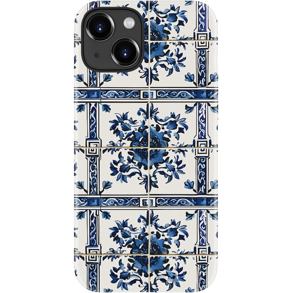 for iPhone 13 Mini Case - Wireless Charging Compatible - Dual-Layer Hard Shell + Silicone Cover - Shockproof Protective Phone Case with Stylish Designs for Women - Blue Ceramic Wall Tiles