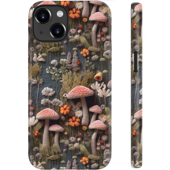 for iPhone 13 Mini Case, Wireless Charging Compatible, Dual-Layer Soft Silicone + Hard Shell with Cute Aesthetic Wildflower Design,Protective Phone Cover for Women - Mushroom Forest