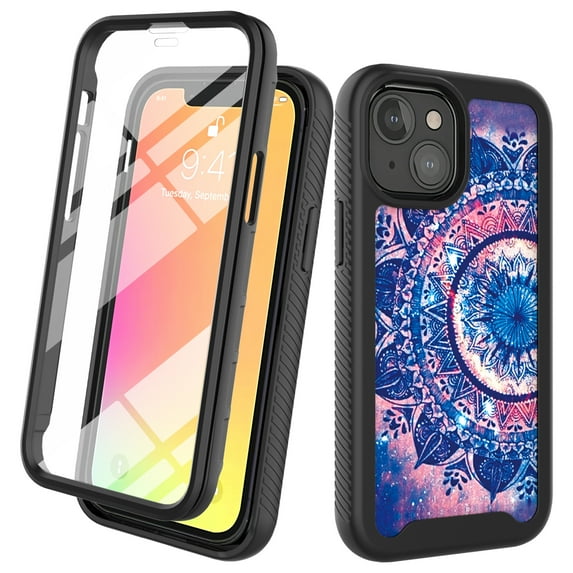 iPhone 13 Mini Case With Built-in Screen Protector, Rosebono Hybrid Graphic Design Pattern Hard Back Pannel Cover Case For iPhone 13 Mini (Mandala)