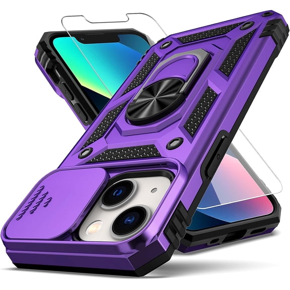 for iPhone 13 Mini Case,with Camera Lens Cover HD Screen Protector,[Military Grade] Ring Car Mount Kickstand Hybrid Hard PC Soft TPU Shockproof Protective Case for iPhone 13 Mini, Purple