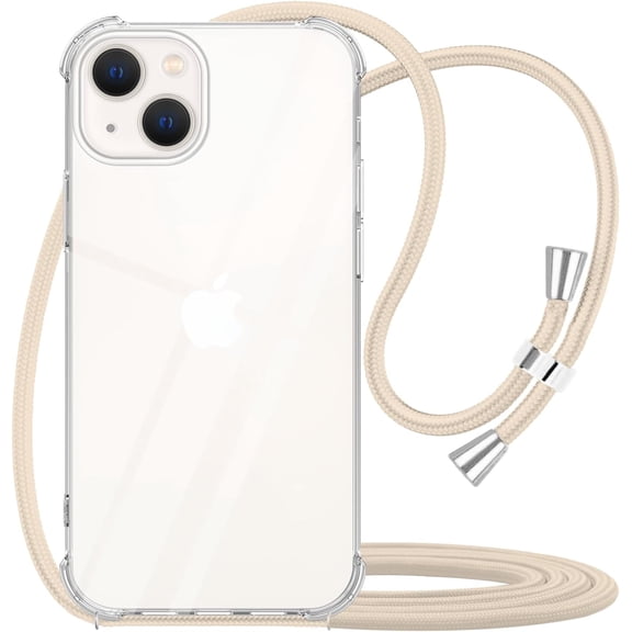 for iPhone 13 Mini Clear Case with Adjustable Lanyard Neck Strap,Crossbody Phone Case for iPhone 13 Mini,Transparent Soft TPU Anti-Yellowing Shockproof Protective Cover 5.4 inch - Beige