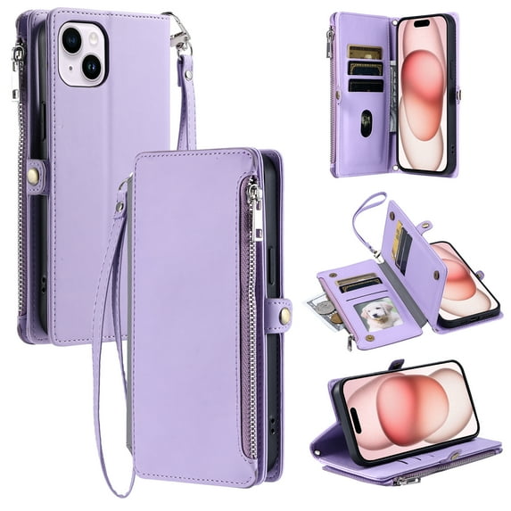 For iPhone 13 Mini Crossbody/Shoulder Strap Case Wallet Card Holder RFID Blocking Magnetic Closure PU Leather Flip with Wrist Strap Zipper Credit Card Slots Shockproof Cover, Purple