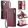 thumbnail image 1 of For iPhone 13 Mini Crossbody/Shoulder Strap Case Wallet Card Holder RFID Blocking Magnetic Closure PU Leather Flip with Wrist Strap Zipper Credit Card Slots Shockproof Cover, Winered, 1 of 9