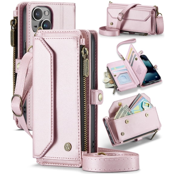 For iPhone 13 Mini Crossbody Wallet Case with Card Slots Zipper Pocket,PU Leather Magnetic Flip Folio Wristlet Shoulder Strap 3-in-1 Crossbody Phone Case Wallet for Women Men,Pink