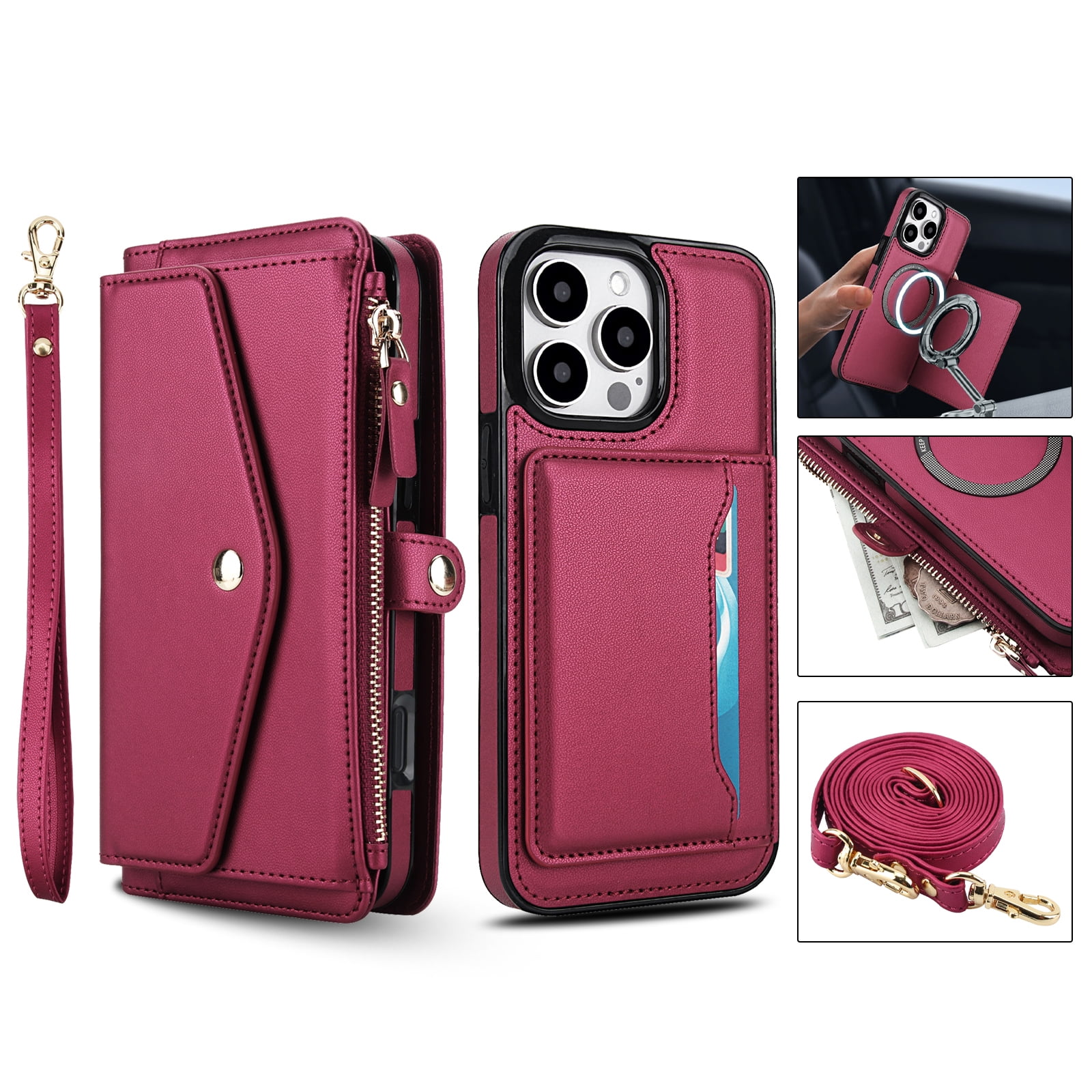 For iPhone 13 Mini Crossbody Wallet Phone Case,Magnetic Detachable Flip,With Shoulder Strap&Wrist Strap,Zipper Pocket,Card&Cash Slots,PU Leather Shockproof Rugged Phone Case,Red