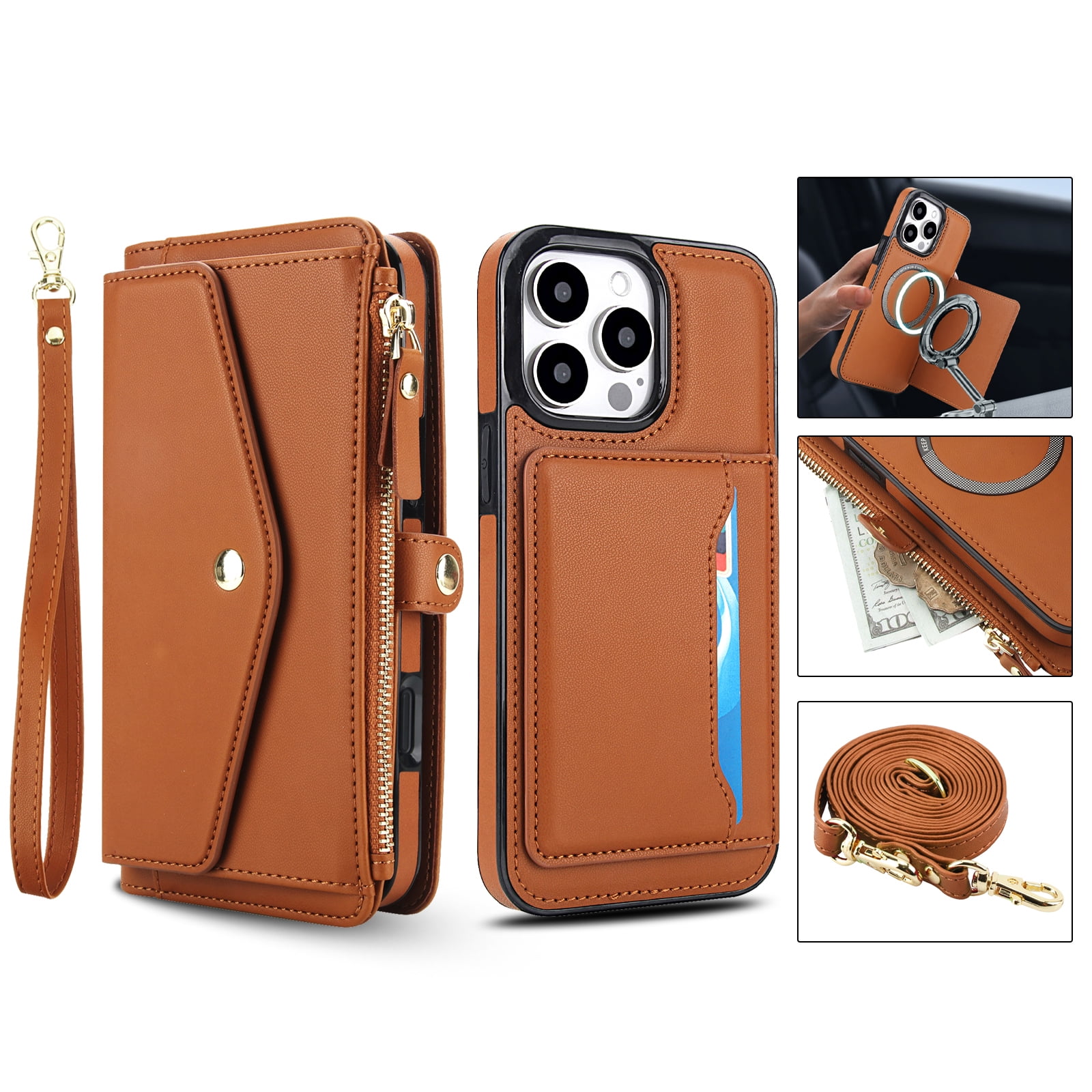 For iPhone 13 Mini Crossbody Wallet Phone Case,Magnetic Detachable Flip,With Shoulder Strap&Wrist Strap,Zipper Pocket,Card&Cash Slots,PU Leather Shockproof Rugged Phone Case,Brown