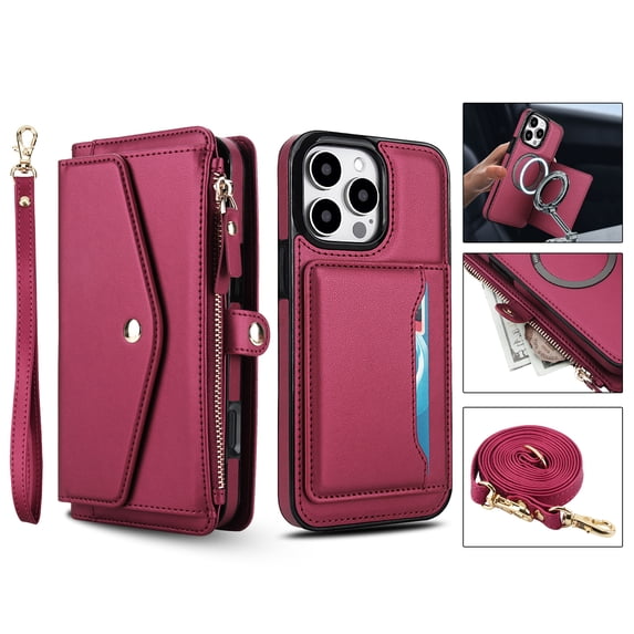 For iPhone 13 Mini Crossbody Wallet Phone Case,Magnetic Detachable Flip,With Wrist Strap&Shoulder Strap,Zipper Pocket,Card Holder,Compatible with Mag-Safe,PU Leather Shockproof Case,Red