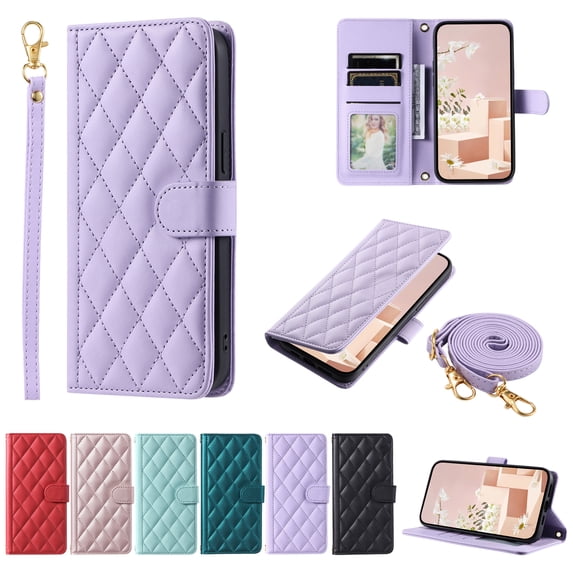 for iPhone 13 Mini Elegant Diamond Patterned Phone Case Wallet Pocket with Card Holder for Women,Crossbody Strap Case for iPhone 13 Mini with Strap Lanyard,Magnetic Flip Leather Case,Purple