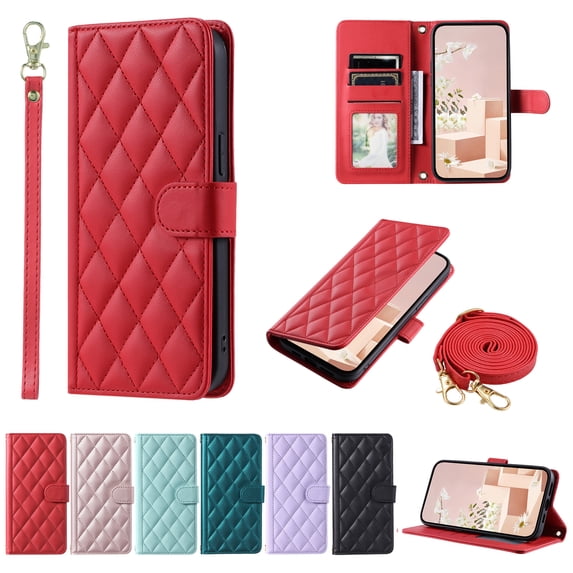 for iPhone 13 Mini Elegant Diamond Patterned Phone Case Wallet Pocket with Card Holder for Women,Crossbody Strap Case for iPhone 13 Mini with Strap Lanyard,Magnetic Flip Leather Case,Red