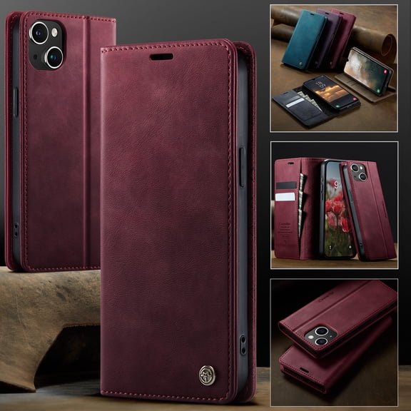 For iPhone 13 Mini Flip Wallet Phone Case,Magnetic Closure,With Card Slots,Flip Folding Kickstand,Anti-Scratch Retro PU Leather Shockproof Drop Protection Durable Phone Case,Red