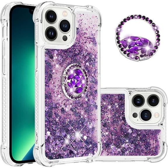 for iPhone 13 Mini Glitter Case with Ring Holder,Bling Sparkle Floating Liquid Soft TPU Cushion Fashion Girly Women Girls Cute Case Cover for iPhone 13 Mini Purple