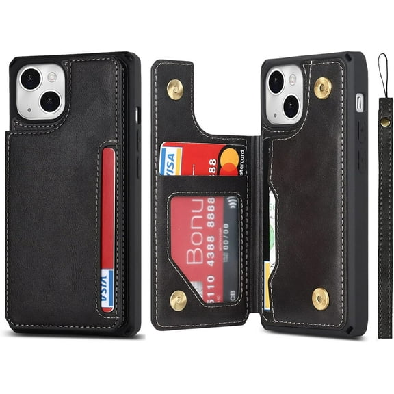 for iPhone 13 Mini Luxury PU Leather Case with Card Holder,Cash Slots,Stand Function Back Wallet Case Flip Wrist Strap Double Magnetic Clasp Durable Case for iPhone 13 Mini 5.4",Black