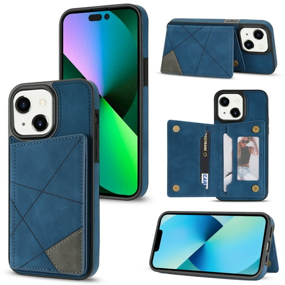 For iPhone 13 Mini Phone Case Card Slots Metal Buttons Convenient Kickstand Synthetic Leather Lightweight Plain Slim Shockproof Anti-Fingerprint Phone Cover for Women or Men,Blue