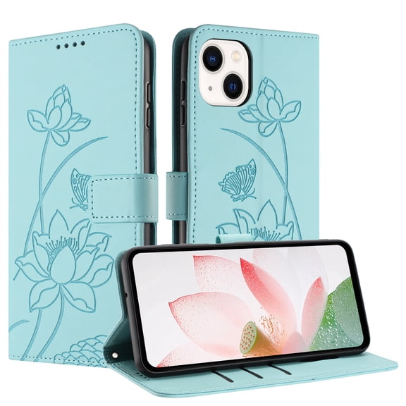 For iPhone 13 Mini Phone Case,Elegant Lotus Emboss Design,Anti-Scratch PU Leather Flip Cover,With Card Slots,Flip Folding Kickstand,Shockproof Non-Slip,Durable Flip Phone Case,Green