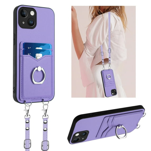 for iPhone 13 Mini Phone Case Wallet with Crossbody Strap & Card Holder, Premium PU Leather Case, 360 Ring Holder Kickstand Durable Protective Women Men Cover for iPhone 13 Mini,Purple