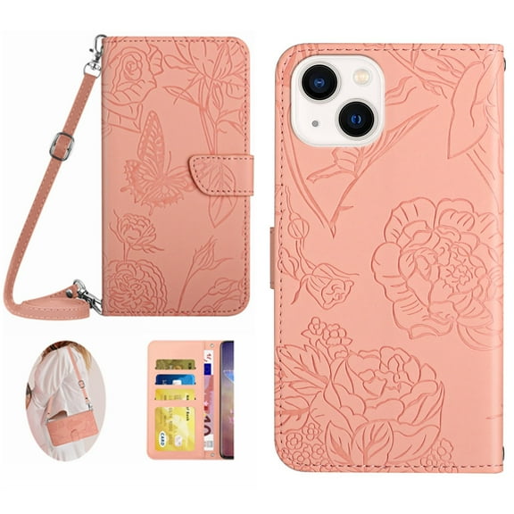 for iPhone 13 Mini Phone Case Wallet,Crossbody Strap Women Flip Folio Cover with Card Holders Butterfly Embossed Premium PU Leather Kickstand Wrist Strap Magnetic Closure Case,Pink