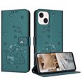 thumbnail image 1 of for iPhone 13 Mini Phone Case Wallet, Embossed Cute Cat Pattern Purse Case Women Girls Wrist Strap [Card Cash Slots] [Flip Kickstand] PU Leather Protection Cover for iPhone 13 Mini, Darkgreen, 1 of 9