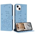 thumbnail image 1 of for iPhone 13 Mini Phone Case Wallet, Embossed Cute Cat Pattern Purse Case Women Girls Wrist Strap [Card Cash Slots] [Flip Kickstand] PU Leather Protection Cover for iPhone 13 Mini, Blue, 1 of 9