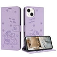thumbnail image 1 of for iPhone 13 Mini Phone Case Wallet, Embossed Cute Cat Pattern Purse Case Women Girls Wrist Strap [Card Cash Slots] [Flip Kickstand] PU Leather Protection Cover for iPhone 13 Mini, Purple, 1 of 9