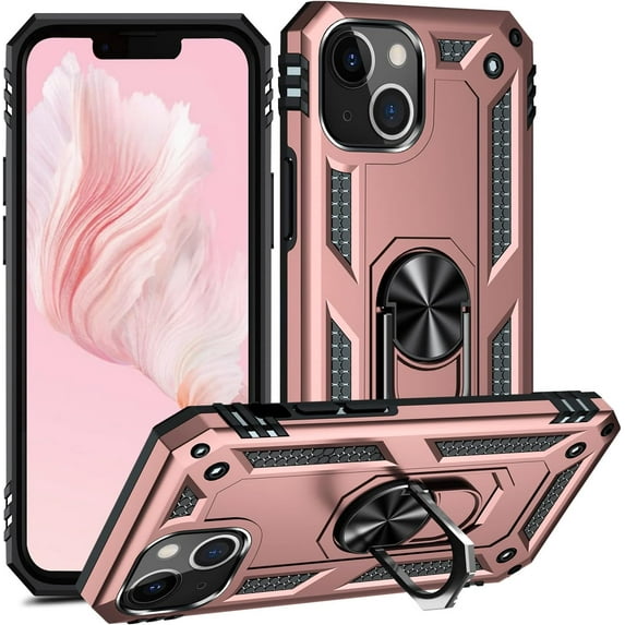 iPhone 13 Mini Phone case Apple iPhone 13 Mini case Full-Body Rugged Bumper Case with Built-in Magnetic Ring Stand for iPhone 13 Mini -Rose Gold