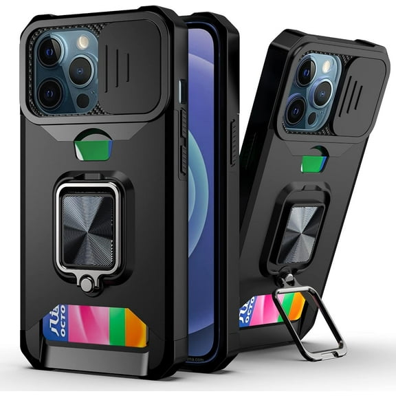 for iPhone 13 Mini Sliding Window Case with Card Holders, Cover with Slide Camera Protection Built-in Magnetic Kickstand Shockproof Phone Case for iPhone 13 Mini TC Black