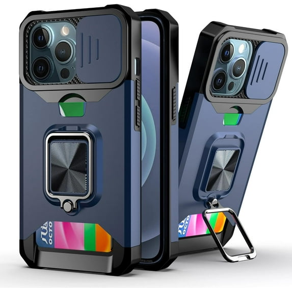 for iPhone 13 Mini Sliding Window Case with Card Holders, Cover with Slide Camera Protection Built-in Magnetic Kickstand Shockproof Phone Case for iPhone 13 Mini TC Blue