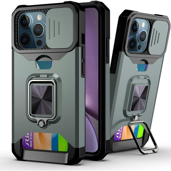 for iPhone 13 Mini Sliding Window Case with Card Holders, Cover with Slide Camera Protection Built-in Magnetic Kickstand Shockproof Phone Case for iPhone 13 Mini TC Green