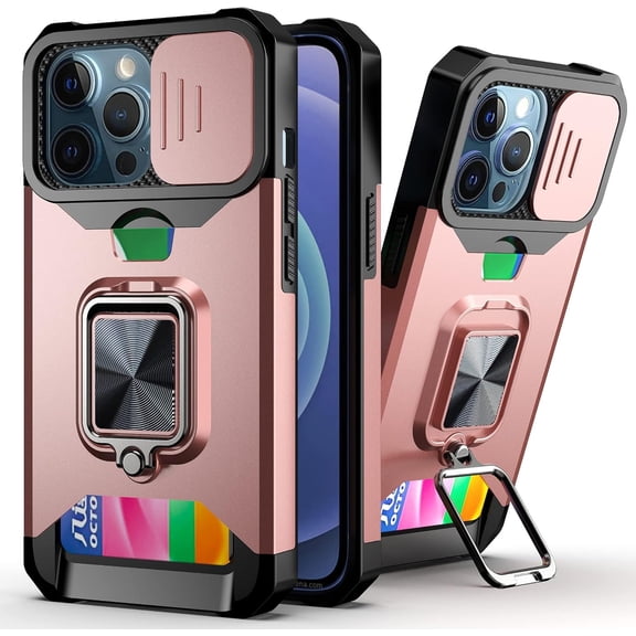 for iPhone 13 Mini Sliding Window Case with Card Holders, Cover with Slide Camera Protection Built-in Magnetic Kickstand Shockproof Phone Case for iPhone 13 Mini TC Rose Gold