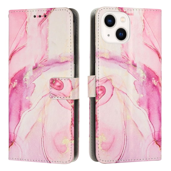 for iPhone 13 Mini Wallet Case with Card Holder,Women Men RFID Blocking PU Leather Flip Cover Wrist Strap Magnetic Closure Credit Card Slots Marble Patterned Book Style Phone Case,Rosegold