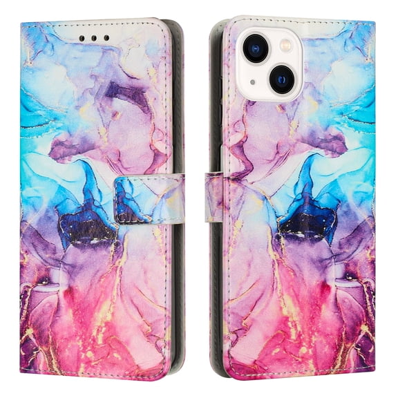 for iPhone 13 Mini Wallet Case with Card Holder,Women Men RFID Blocking PU Leather Flip Cover Wrist Strap Magnetic Closure Credit Card Slots Marble Patterned Book Style Phone Case,Pink