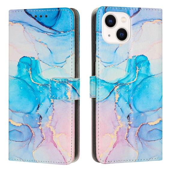for iPhone 13 Mini Wallet Case with Card Holder,Women Men RFID Blocking PU Leather Flip Cover Wrist Strap Magnetic Closure Credit Card Slots Marble Patterned Book Style Phone Case,Green