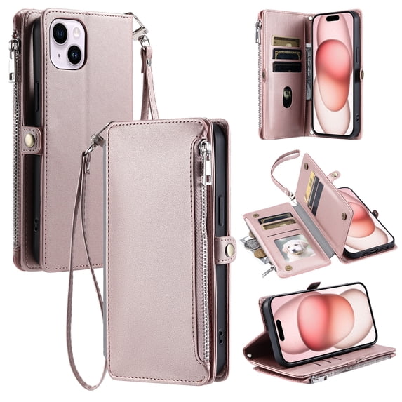 For iPhone 13 Mini Wallet Case – Crossbody Strap+Hand Lanyard & Zipper Pocket Credit Card Slots,Drop Tested PU Leather Magnetic Folio Cover with RFID Blocking Card Holder Phone Case,Rosegold