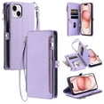 thumbnail image 1 of For iPhone 13 Mini Wallet Case – Crossbody Strap+Hand Lanyard & Zipper Pocket Credit Card Slots,Drop Tested PU Leather Magnetic Folio Cover with RFID Blocking Card Holder Phone Case,Purple, 1 of 9