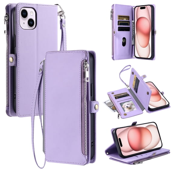 For iPhone 13 Mini Wallet Case – Crossbody Strap+Hand Lanyard & Zipper Pocket Credit Card Slots,Drop Tested PU Leather Magnetic Folio Cover with RFID Blocking Card Holder Phone Case,Purple