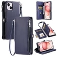 thumbnail image 1 of For iPhone 13 Mini Wallet Case – Crossbody Strap+Hand Lanyard & Zipper Pocket Credit Card Slots,Drop Tested PU Leather Magnetic Folio Cover with RFID Blocking Card Holder Phone Case,Darkblue, 1 of 9