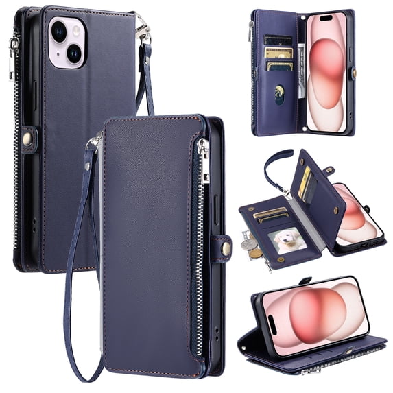 For iPhone 13 Mini Wallet Case – Crossbody Strap+Hand Lanyard & Zipper Pocket Credit Card Slots,Drop Tested PU Leather Magnetic Folio Cover with RFID Blocking Card Holder Phone Case,Darkblue